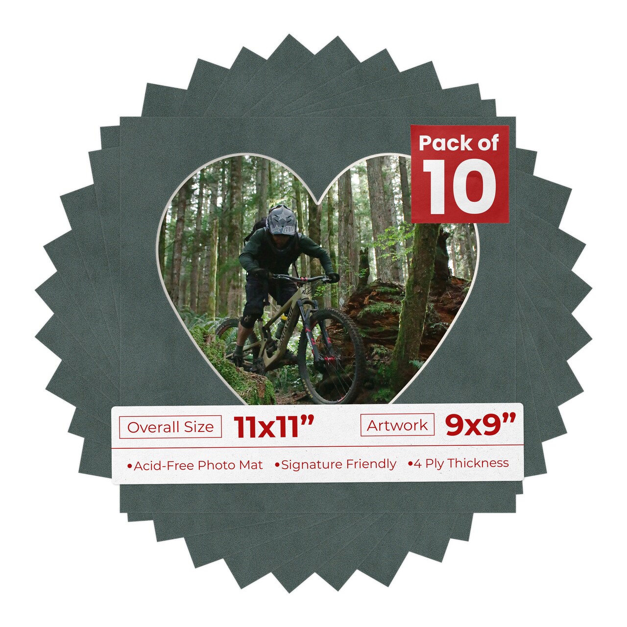 Dark Grey Suede Mat Board for 11x11 Frames - Heart Opening for 9x9 Photos